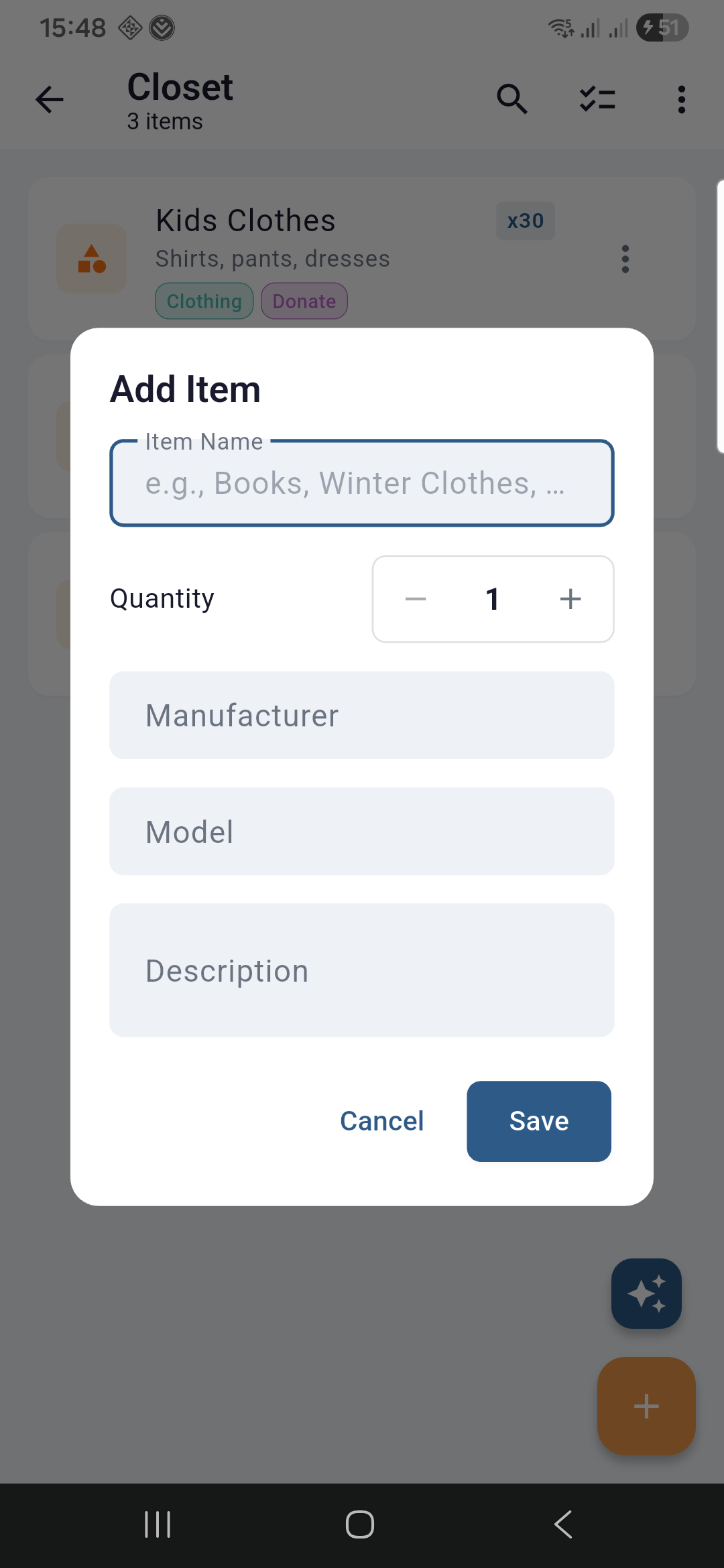 Add item dialog with form fields