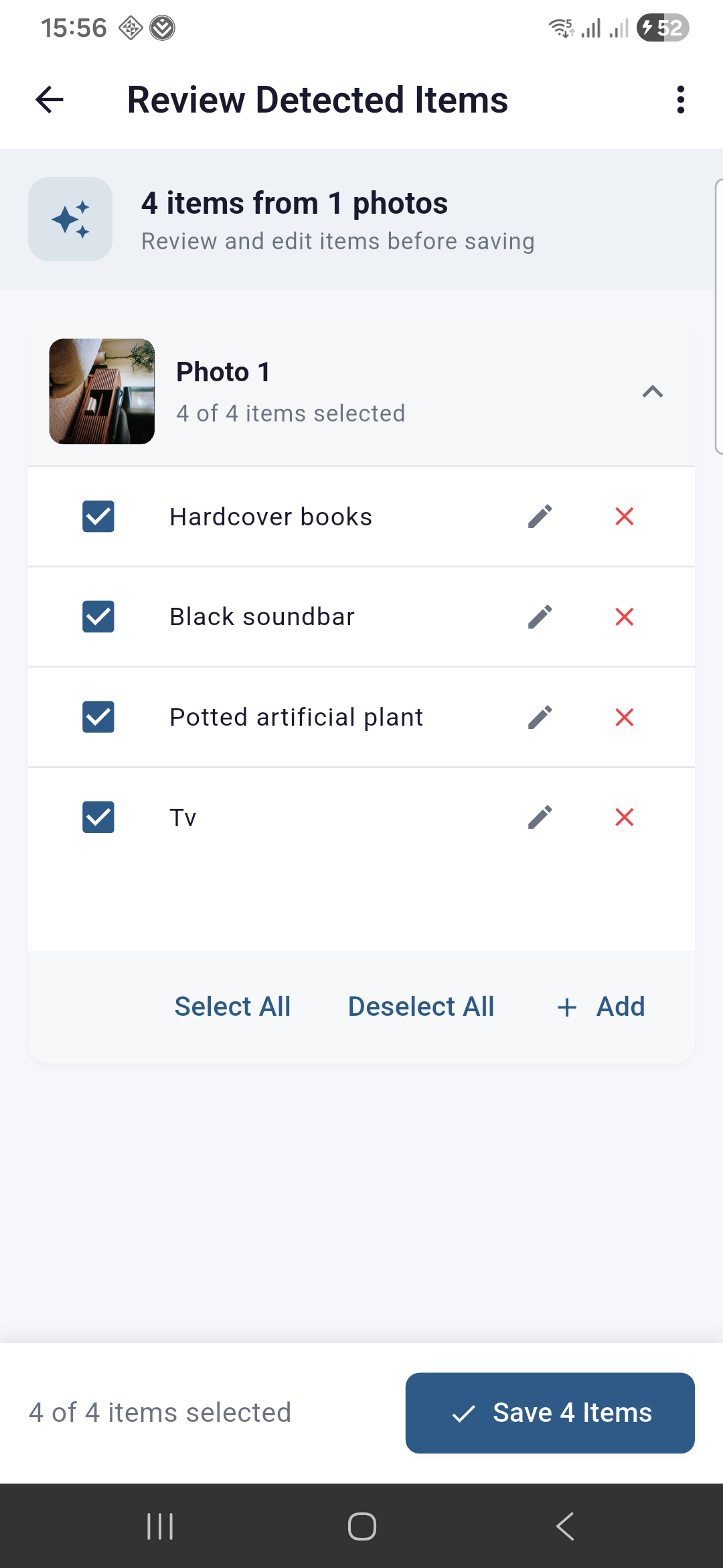 AI item detection review screen